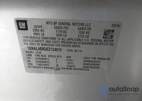 2014 Chevrolet Equinox Ls z USA, uszkodzony, nr VIN 1GNALAEK5EZ124819